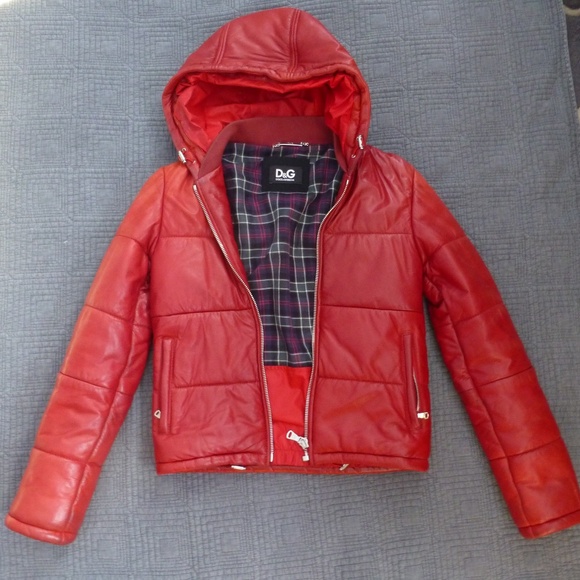 D&G Red Leather Puffer Jacket w/ Hood | Tartan Lining | XS - Picture 3 of 12